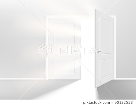 Illuminated white interior with opened door and shining. 3d vector illustration Illuminated white interior with opened door and shining. 3d vector illustration 90122538