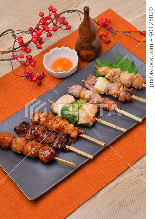 Yakitori, yakitori, yakitori, yakitori, grilled chicken, skewered image. Serve with moon-viewing eggs. Yakitori, yakitori, yakitori, yakitori, grilled chicken, skewered image. Serve with moon-viewing eggs. 90123020