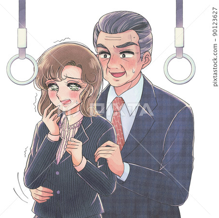 Illustration of an older sister who is frightened by retro shojo manga style and molester 90123627