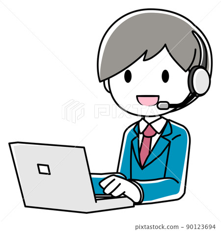 Illustration of a man operating a PC while calling with a headset 90123694
