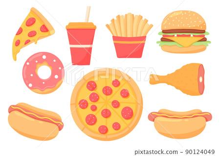 Fast food set. Collection of street food. Pizza, burger, hot dog, french fries, donut, drink. Fast food set. Collection of street food. Pizza, burger, hot dog, french fries, donut, drink. 90124049