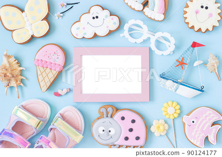 Bright creative layout made of white blank frame and cute summer symbols on pink background. Copy space, Top view, Flat lay. Mock up Creative summer concept Bright creative layout made of white blank frame and cute summer symbols on pink background. Copy space, Top view, Flat lay. Mock up Creative summer concept 90124177