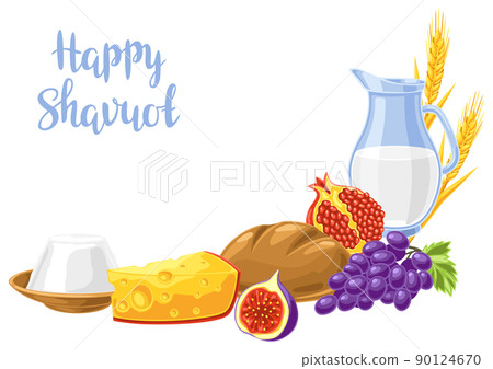 Happy Shavuot decorative frame. Holiday background with Jewish traditional symbols. Happy Shavuot decorative frame. Holiday background with Jewish traditional symbols. 90124670