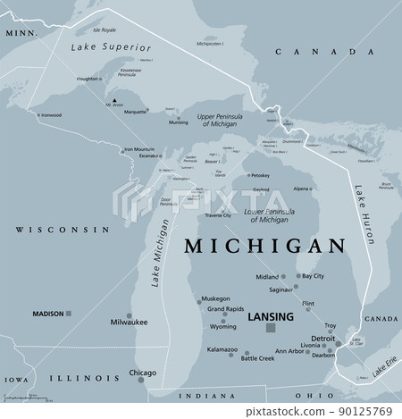 Michigan, MI, gray political map with capital Lansing and metropolitan area Detroit. State in the Great Lakes region of upper Midwestern United States, nicknamed Great Lake State, and Wolverine State. 90125769