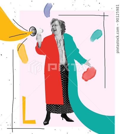 Bright contemporary art collage. Ideas, vintage, retro style, imagination. Senior woman shouting at megaphone on abstract background with drawings. Bright contemporary art collage. Ideas, vintage, retro style, imagination. Senior woman shouting at megaphone on abstract background with drawings. 90125981