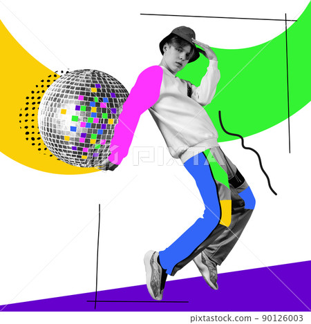 Young stylish boy dancing on abstract background. Bright contemporary art collage. Ideas, vintage, retro style, imagination. 90126003