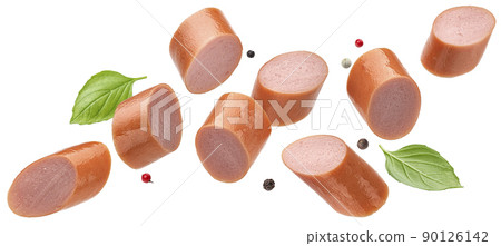 Sausage slices isolated on white background, full depth of field 90126142