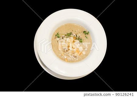 Top view of pumpkin Soup with Almonds. Top view of pumpkin Soup with Almonds. 90126241