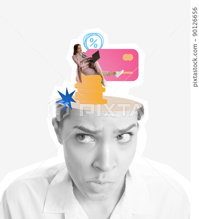 Contemporary art collage. Black and white portrait of thoughtful girl having colorful dreams of having profitable business project 90126656