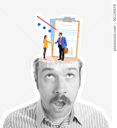 Contemporary art collage. Black and white portrait of businessman having colorful dream of business partnership 90126658