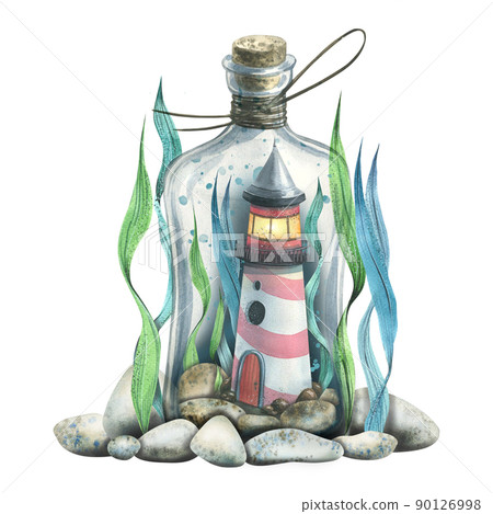 A marine lighthouse in a glass bottle with algae and pebbles. Watercolor illustration, composition. For decoration, design, interior decoration, postcards, souvenirs, posters, prints, stickers. A marine lighthouse in a glass bottle with algae and pebbles. Watercolor illustration, composition. For decoration, design, interior decoration, postcards, souvenirs, posters, prints, stickers. 90126998