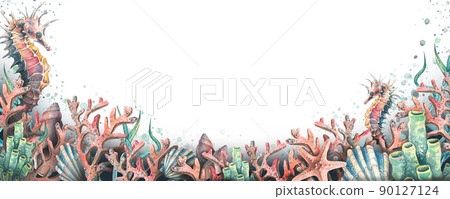 Watercolor illustration of a horizontal board on a marine theme with a seahorse, seashells, algae and corals. Composition for decoration and design of souvenirs, posters, postcards, prints, banners. 90127124