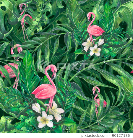 Watercolor illustration of a pink flamingo with tropical leaves. Seamless pattern. With leaves of palm trees and other exotic plants. For prints, clothing, paper, fabric, wallpaper. Watercolor illustration of a pink flamingo with tropical leaves. Seamless pattern. With leaves of palm trees and other exotic plants. For prints, clothing, paper, fabric, wallpaper. 90127186
