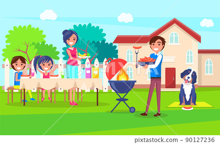 Picnic Family Relaxing House Vector Illustration 90127236