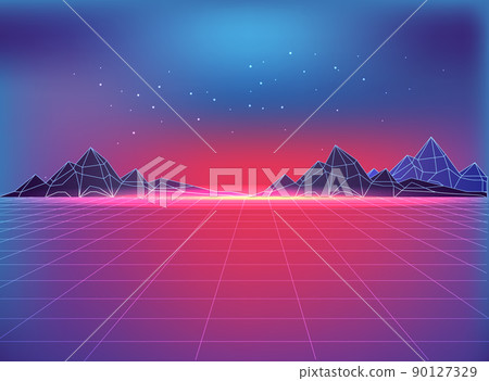 Futuristic Backdrop in 80s Style with Cosmic Motif Futuristic Backdrop in 80s Style with Cosmic Motif 90127329