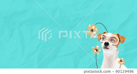 Contemporary art collage. Cute dod's muzzle with human eyes element looking away isolated over blue background 90129496