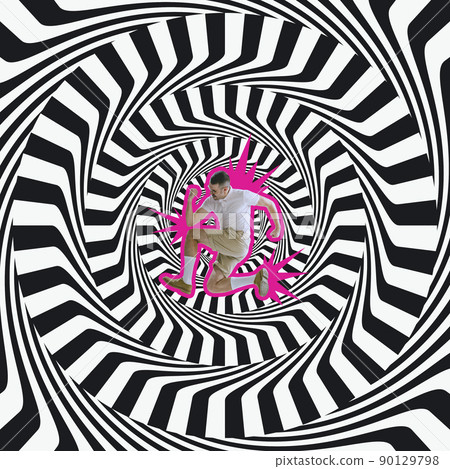 Contemporary art collage. Young excited man running isolated over black and white optical illusion design background. Concept of imagination, inspiration, surrealism Contemporary art collage. Young excited man running isolated over black and white optical illusion design background. Concept of imagination, inspiration, surrealism 90129798