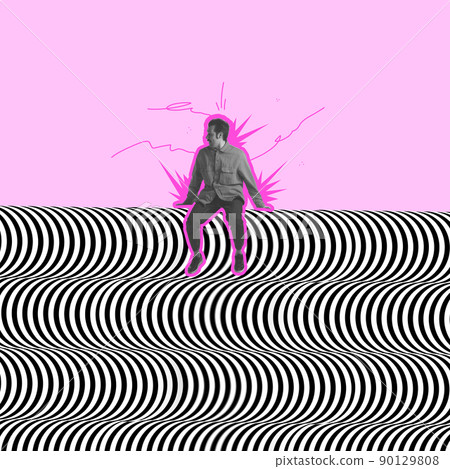 Contemporary art collage. Man sitting on black and white optical illusion design, pattern over pink background. Optical illusion concept Contemporary art collage. Man sitting on black and white optical illusion design, pattern over pink background. Optical illusion concept 90129808