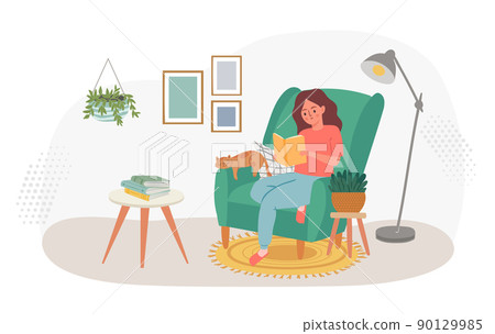 Woman reading book at home sit in chair Woman reading book at home sit in chair 90129985