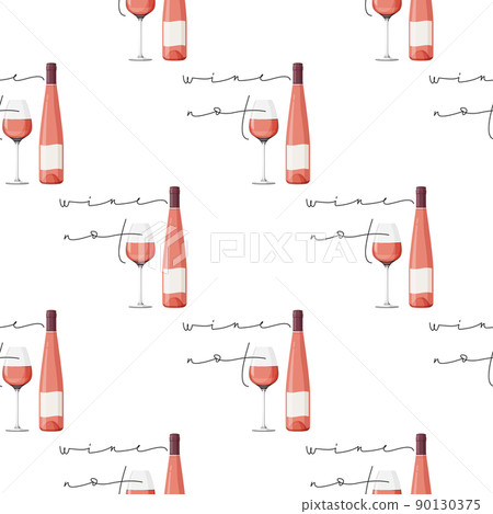 Wine not humor background with rose wine. Slim bottle, glass of wine and handwritten lettering phrase seamless pattern. 90130375