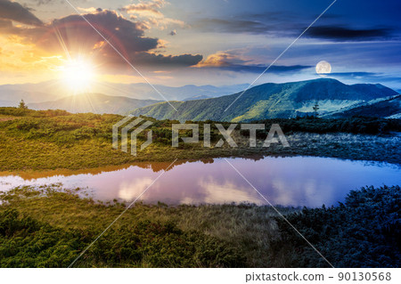 day and night time change concept above landscape with lake in summer. peaceful reflection in the water. beautiful travel view in chernohora ridge, ukraine. tranquil nature background at twilight day and night time change concept above landscape with lake in summer. peaceful reflection in the water. beautiful travel view in chernohora ridge, ukraine. tranquil nature background at twilight 90130568
