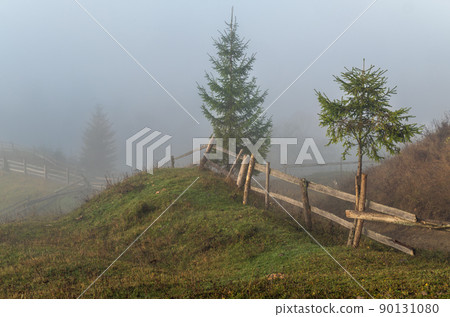 Cloudy and foggy morning late autumn mountains scene. Peaceful picturesque traveling, seasonal, nature and countryside beauty concept scene. Carpathian Mountains, Ukraine. 90131080