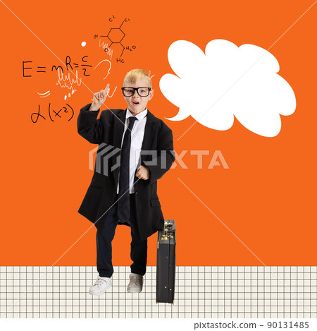 Cute little boy, kid businessman in huge jacket suit and with retro suitcase standing and thinking isolated on orange background with speech bubble. 90131485