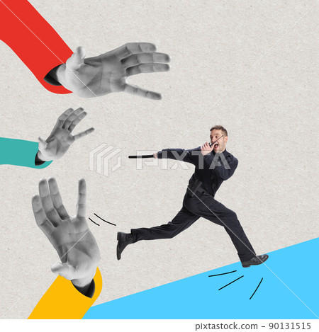 Art collage with young man, policeman officer wearing black uniform running away from human hands isolated on light background. Concept of job, caree, law and order. 90131515