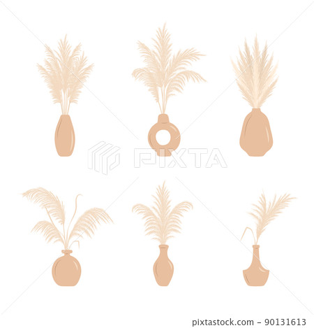 Dry pampas grass in vases. Set of cortaderia arrangements in boho style. Vector dried flowers isolated on white background. Trendy element design for wedding invitations, postcards, home interior 90131613