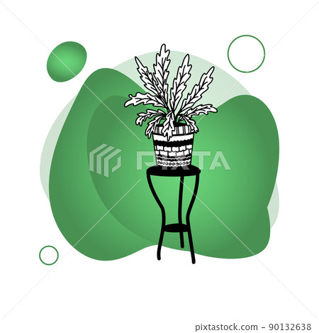 Potted flowers on a stand, home decor on a colored background. Hand-drawn, linear black-and-white sketch. Large indoor plants outdoors. Vector illustration 90132638