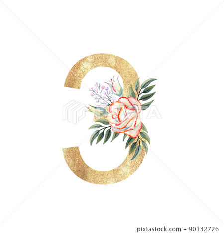Golden number 3 with a bouquet of pink roses on a white isolated background. Hand-drawn watercolor illustration Golden number 3 with a bouquet of pink roses on a white isolated background. Hand-drawn watercolor illustration 90132726