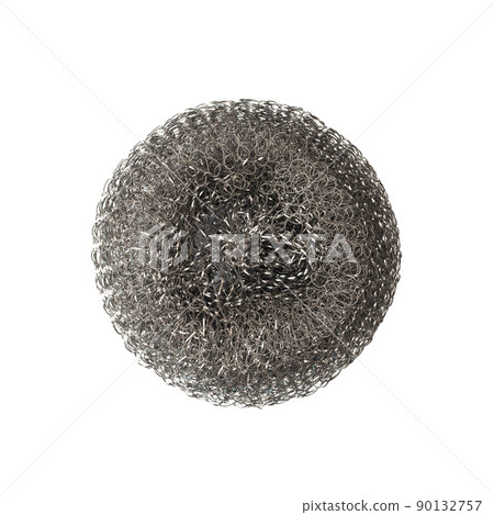 Stainless steel scrubber, scouring pad on a white background. Isolated. Metal sponge for washing dishes and cleaning dried food. Flat lay. Top view. Stainless steel scrubber, scouring pad on a white background. Isolated. Metal sponge for washing dishes and cleaning dried food. Flat lay. Top view. 90132757