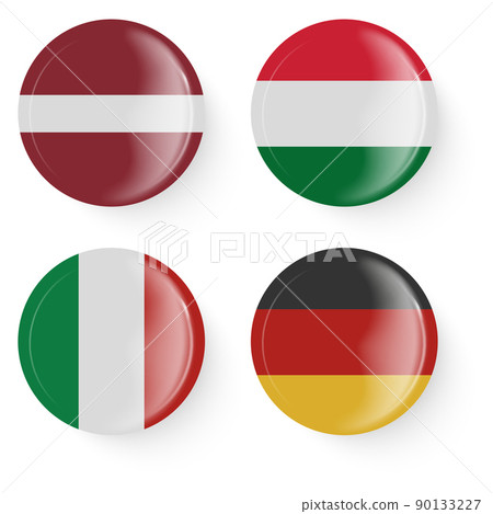 Round flags of Latvia, Hungary, Italy, Germany. Pin buttons. 90133227