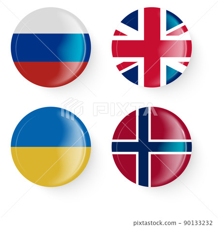 Round flags of Russia, Ukraine, Norway, Britain. Pin buttons. Round flags of Russia, Ukraine, Norway, Britain. Pin buttons. 90133232