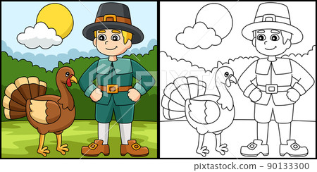 Thanksgiving Pilgrim Boy With Turkey Illustration 90133300