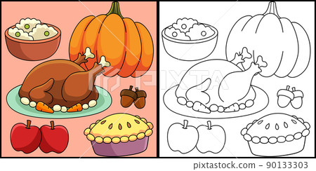 Thanksgiving Feast Coloring Page Illustration 90133303