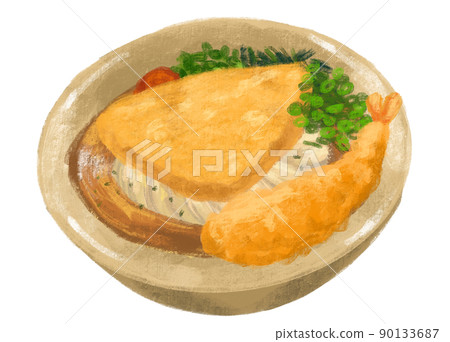 Inari shrimp tempura udon noodle soup Japanese food illustration  hand drawing art 90133687