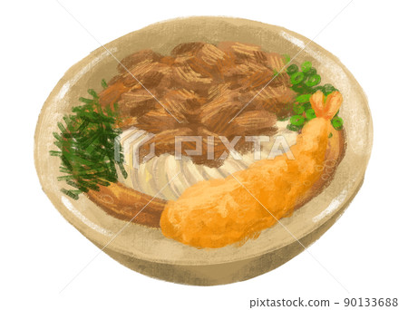 Japanese udon noodle beef shrimp tempura with seaweed and scallion illustration hand painting art Japanese udon noodle beef shrimp tempura with seaweed and scallion illustration hand painting art 90133688