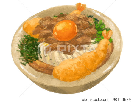 Japanese udon noodle beef shrimp tempura with seaweed and scallion illustration hand painting art Japanese udon noodle beef shrimp tempura with seaweed and scallion illustration hand painting art 90133689