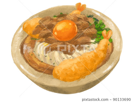 Japanese udon noodle beef shrimp tempura with seaweed and scallion illustration hand painting art Japanese udon noodle beef shrimp tempura with seaweed and scallion illustration hand painting art 90133690