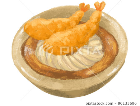Japanese udon noodle shrimp tempura with seaweed and scallion illustration hand painting 90133696