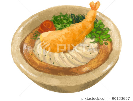 Japanese udon noodle shrimp tempura with seaweed and scallion illustration hand painting Japanese udon noodle shrimp tempura with seaweed and scallion illustration hand painting 90133697