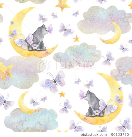 Cute, gray kittens are sitting on the moon in clouds with stars and lilac butterflies in the air. Children's, watercolor illustration. Seamless pattern. For fabric, wallpaper, cover. Cute, gray kittens are sitting on the moon in clouds with stars and lilac butterflies in the air. Children's, watercolor illustration. Seamless pattern. For fabric, wallpaper, cover. 90133720