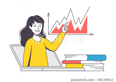 Online Learning with Woman Instructor from Laptop Pointing at Graph Teaching Engaged in Virtual Classes Outline Vector Illustration 90134652