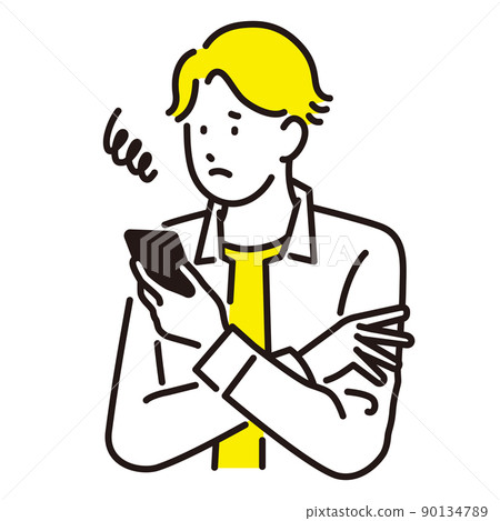 A man looking at a smartphone with a troubled expression 90134789