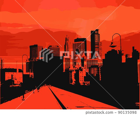 The silhouette of city road on red background 90135098