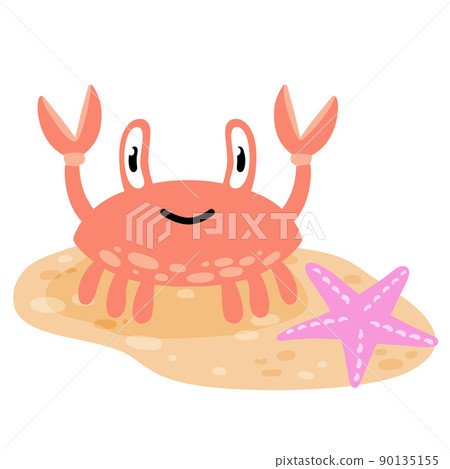 Funny crab on beach. Pink seashell with claws walks along coast. 90135155
