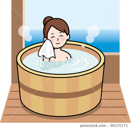A woman entering a hot spring 90135171