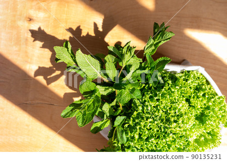 Fresh lettuce salad mint eco shopping bag top view. Sustainable living Shop local concept. Green leaf vegetable delivery 90135231