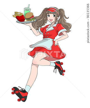 Illustration of a waitress wearing roller skates Illustration of a waitress wearing roller skates 90135366